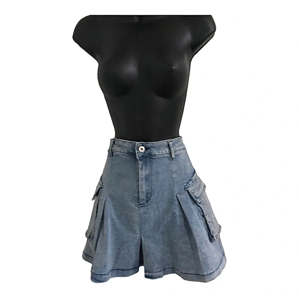 A-line crystal embellished rhinestone utility cargo style mini denim jeans skirt